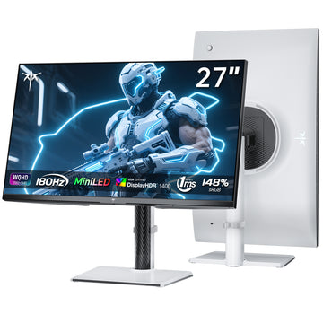 KTC 27 inch Mini LED Gaming Monitor - HDR1400 with white stand, 180Hz refresh rate, and WQHD resolution